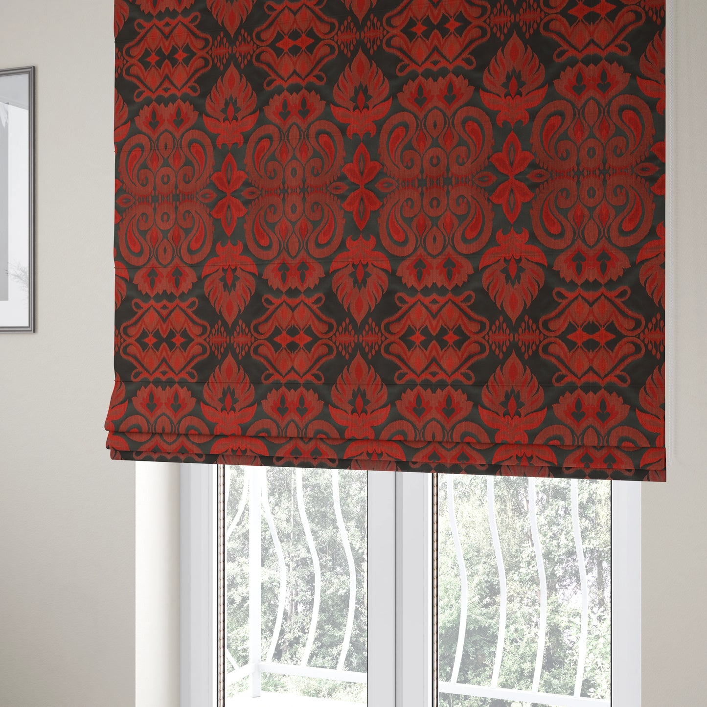 Menuett Floral Damask Pattern Upholstery Curtain Furnishing Fabric In Black Red CTR-641 - Roman Blinds