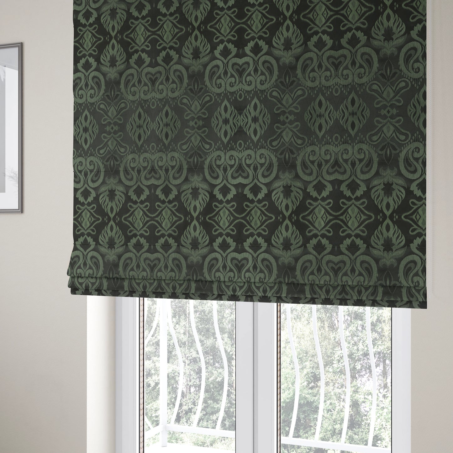 Menuett Floral Damask Pattern Upholstery Curtain Furnishing Fabric In Black Green CTR-642 - Roman Blinds