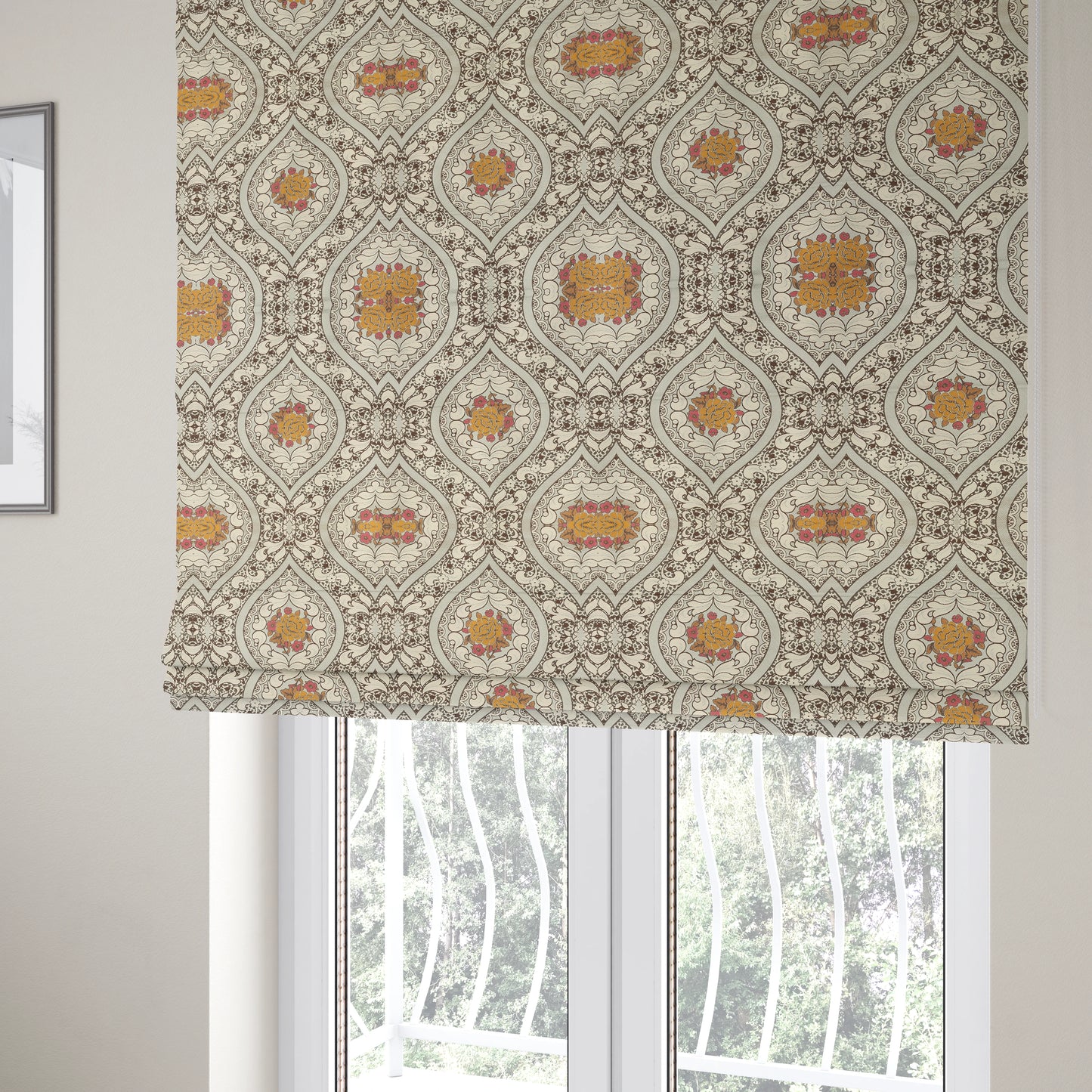 Lydia Floral Damask Soft Chenille Pattern Furnishing Fabric In Brown White Orange CTR-649 - Roman Blinds