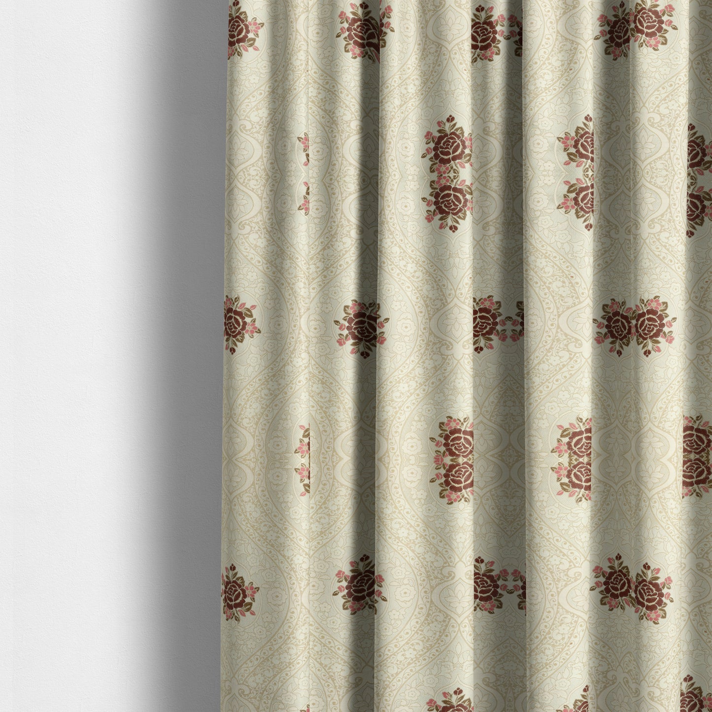 Lydia Floral Damask Soft Chenille Pattern Furnishing Fabric In Cream White Red CTR-651 - Made To Measure Curtains