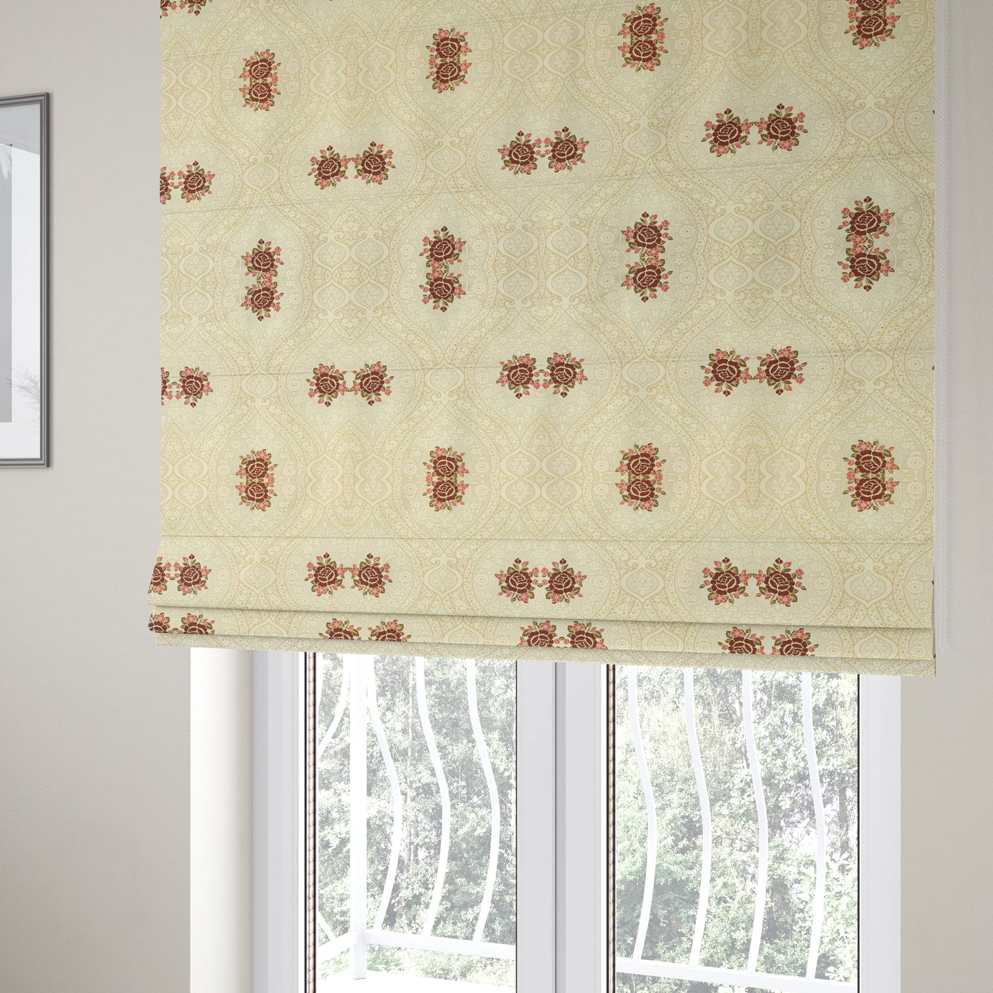 Lydia Floral Damask Soft Chenille Pattern Furnishing Fabric In Cream White Red CTR-651 - Roman Blinds