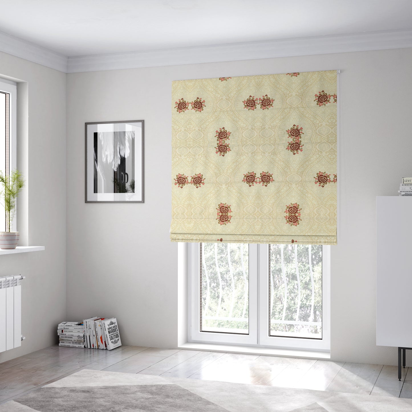 Lydia Floral Damask Soft Chenille Pattern Furnishing Fabric In Cream White Red CTR-651 - Roman Blinds