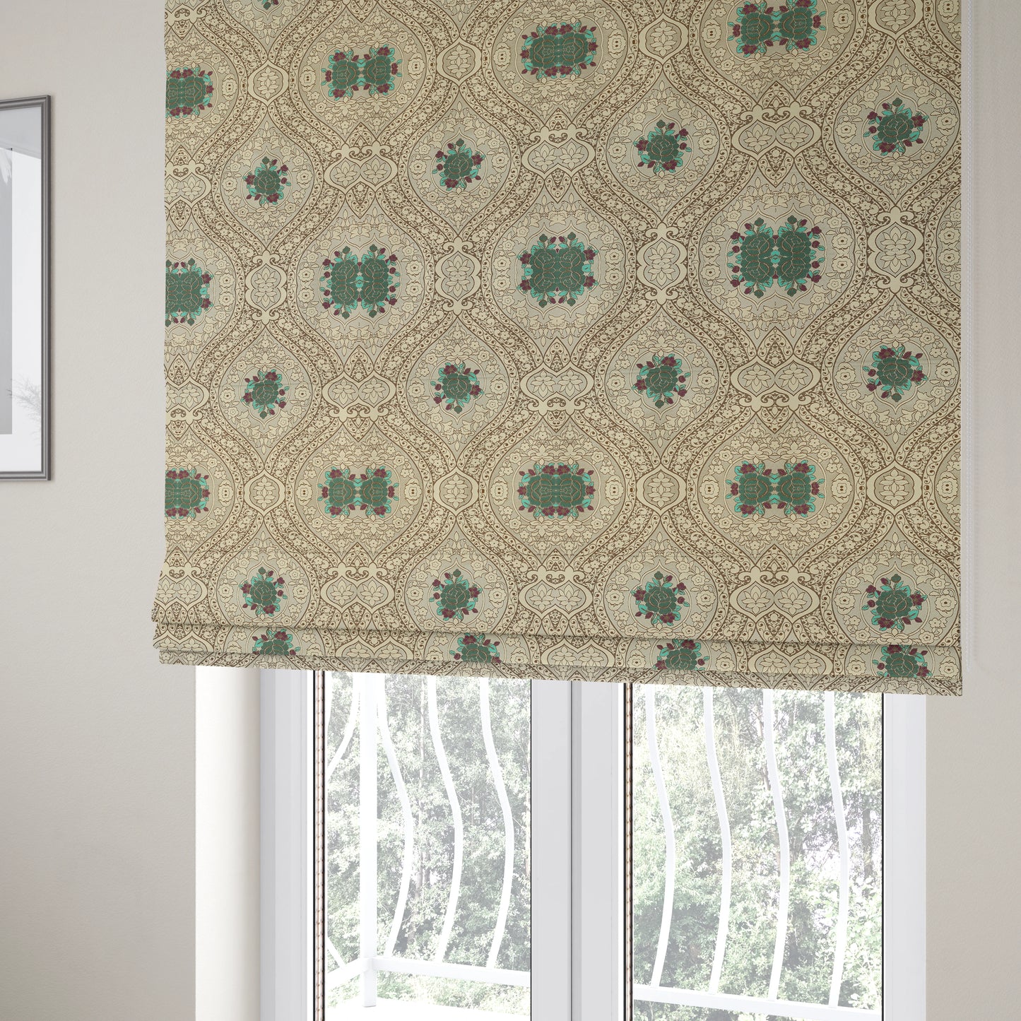 Lydia Floral Damask Soft Chenille Pattern Furnishing Fabric In Cream White Teal CTR-652 - Roman Blinds