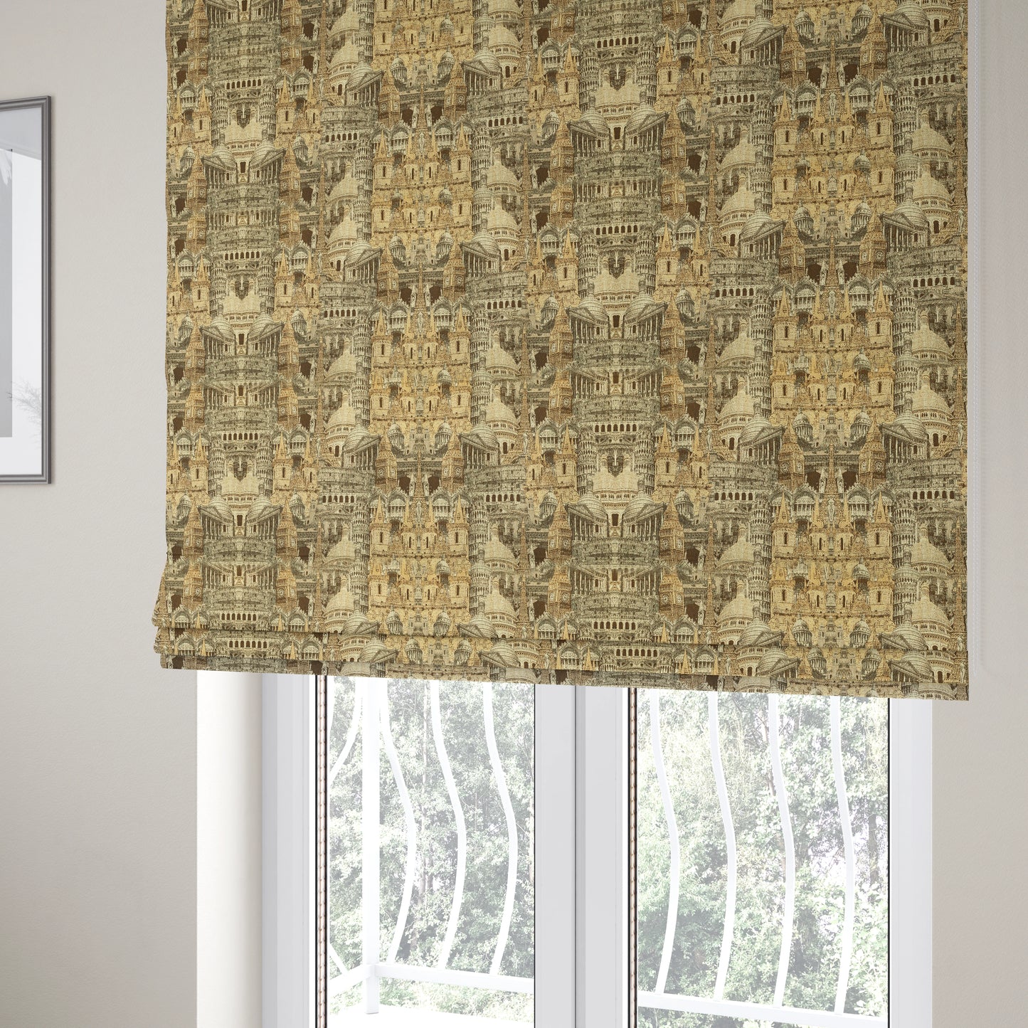 Bruges Modern London Skyline Tourist Landmarks Pattern Brown Chenille Upholstery Fabric CTR-670 - Roman Blinds