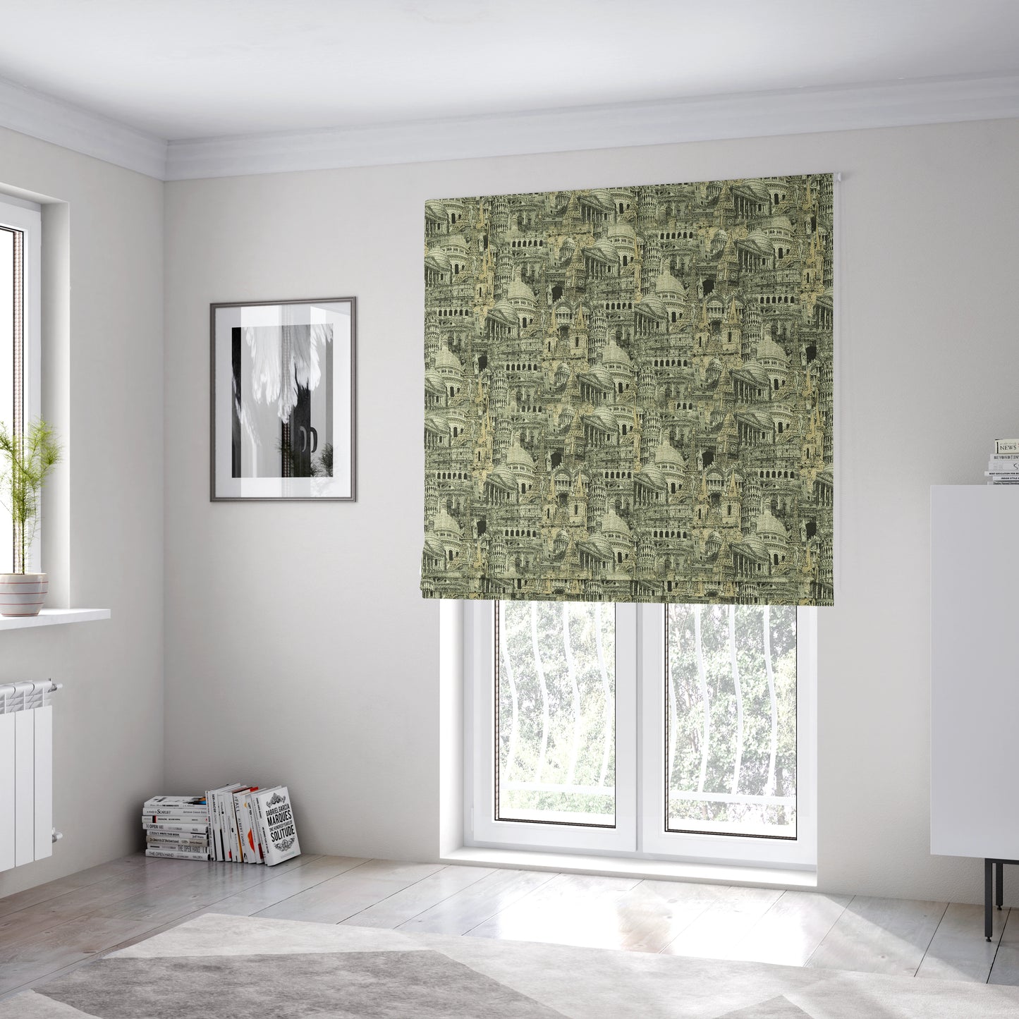 Bruges Modern London Skyline Tourist Landmarks Pattern Grey Chenille Upholstery Fabric CTR-671 - Roman Blinds