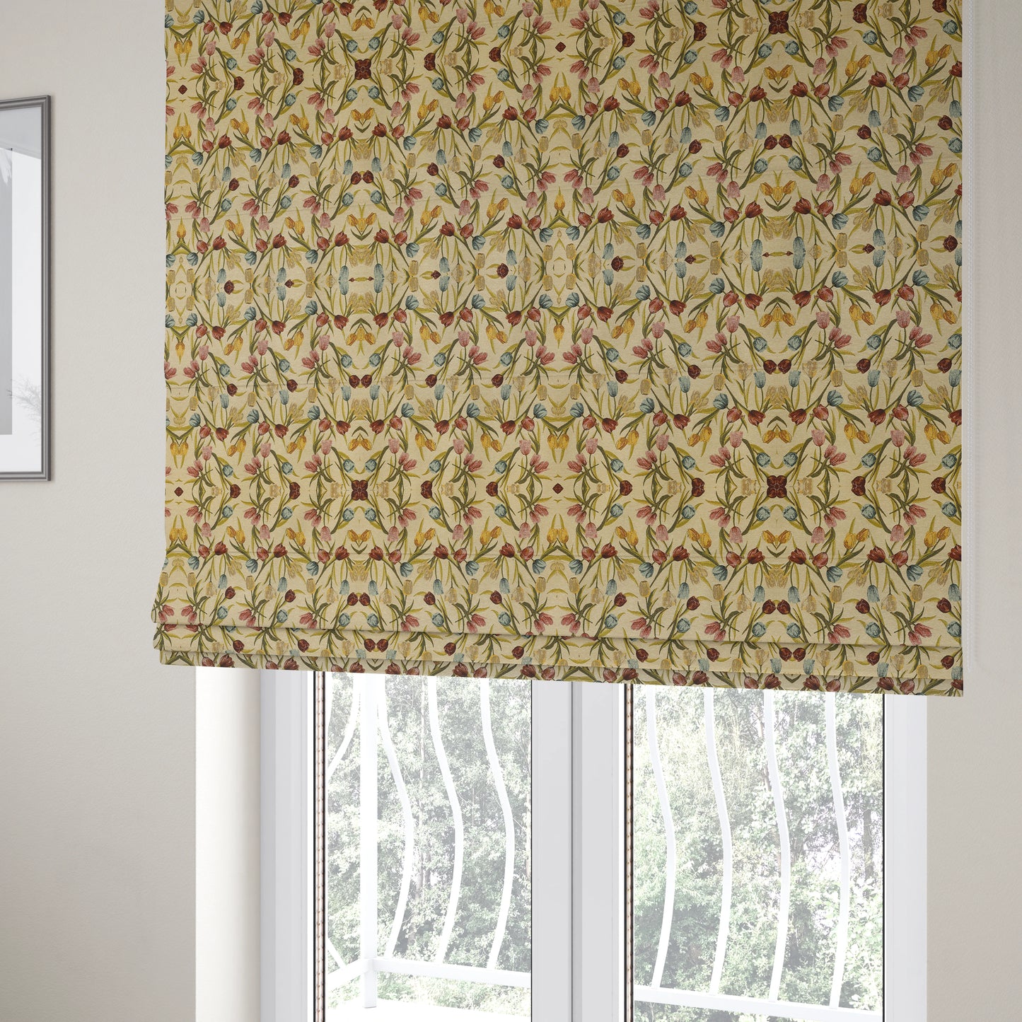 Bruges Life Colourful Tulip Floral Pattern Beige Green Blue Red Jacquard Upholstery Fabrics CTR-690 - Roman Blinds