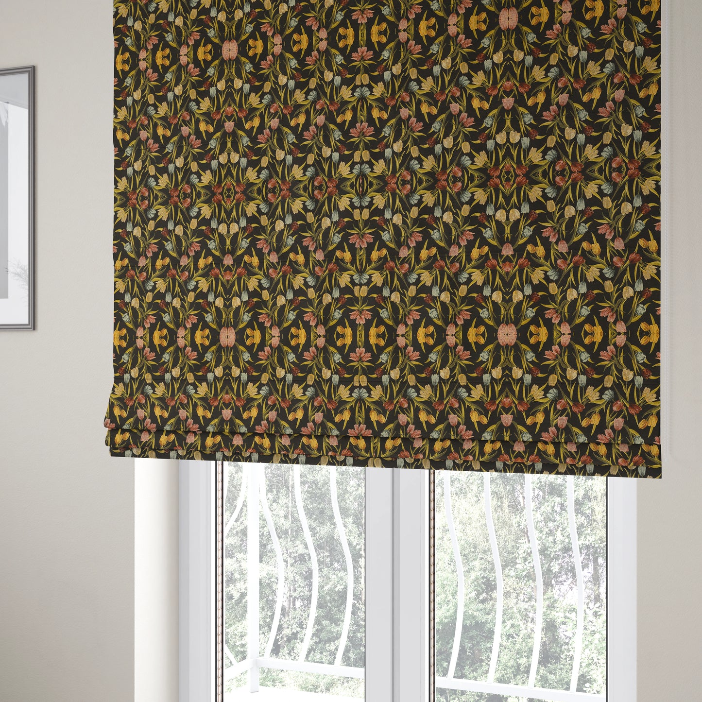 Bruges Life Colourful Tulip Floral Pattern Black Green Blue Red Jacquard Upholstery Fabrics CTR-691 - Roman Blinds