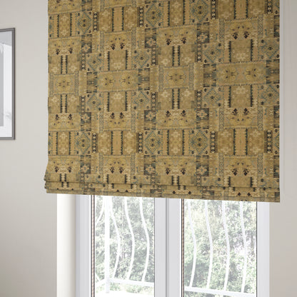 Bruges Modern Tapestry Kilim Aztec Patchwork Pattern Blue Beige Chenille Upholstery Fabric CTR-697 - Roman Blinds