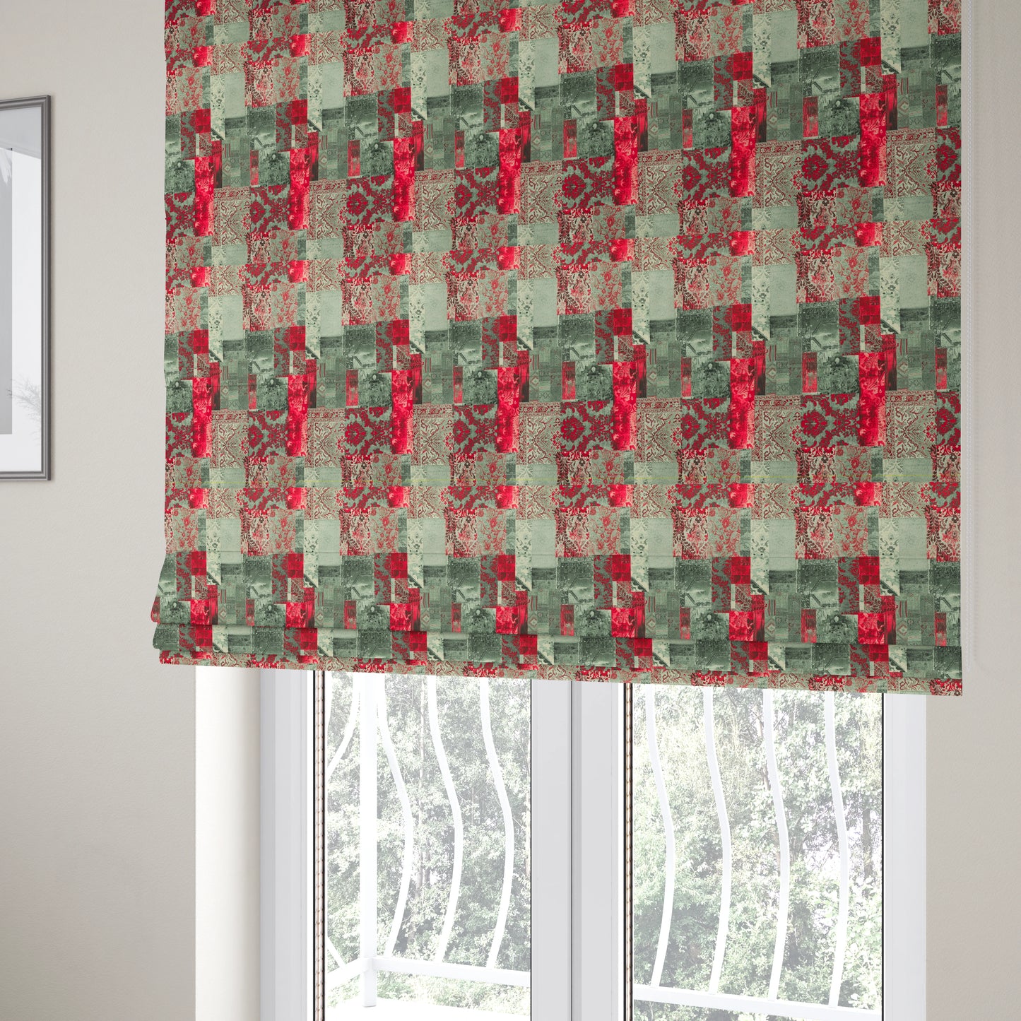 Freedom Printed Velvet Fabric Collection Patchwork Pattern In Red Colours Upholstery Fabric CTR-70 - Roman Blinds