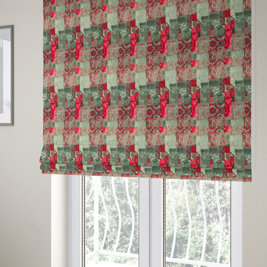 Freedom Printed Velvet Fabric Collection Patchwork Pattern In Red Colours Upholstery Fabric CTR-70 - Roman Blinds