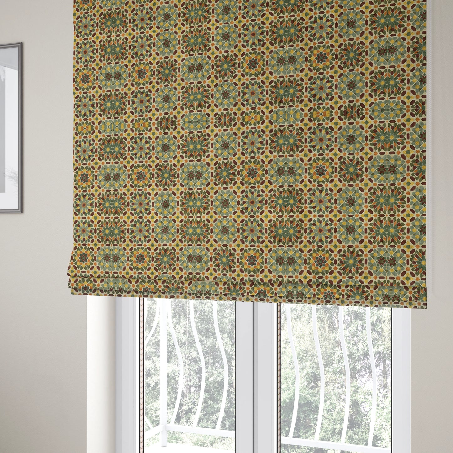 Bruges Modern Geometric Colourful Star Pattern Red Blue Green Jacquard Upholstery Fabrics CTR-714 - Roman Blinds