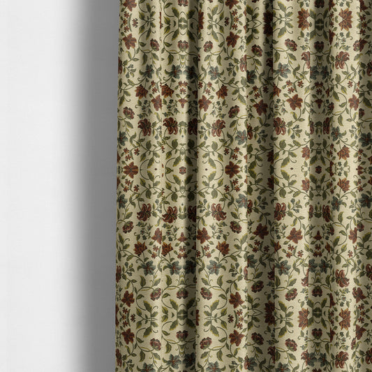 Bruges Life Red Green Blue Floral All Over Pattern White Chenille Upholstery Fabric CTR-716 - Made To Measure Curtains