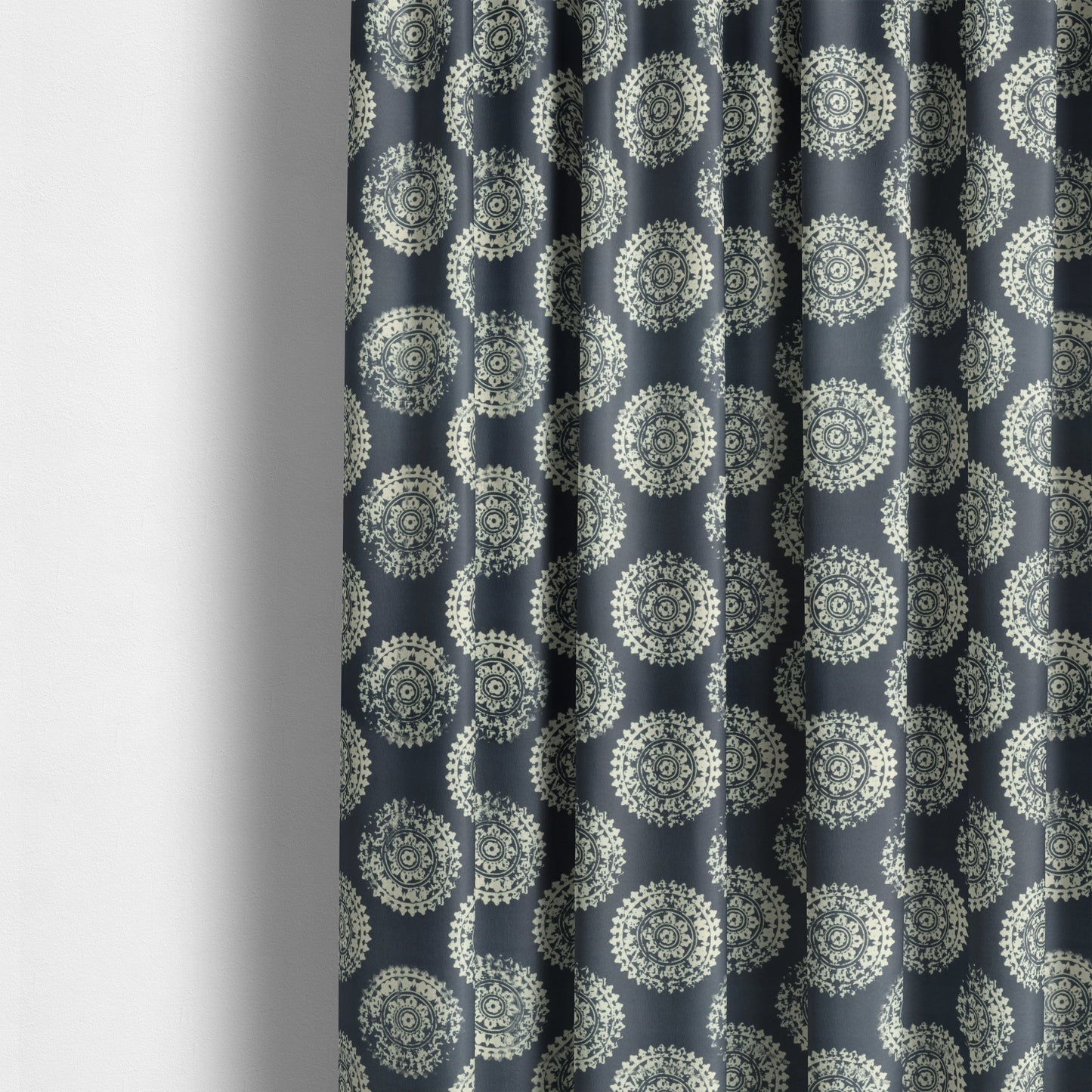 Freedom Printed Velvet Fabric Collection Round Ancient Pattern In Blue Colour Upholstery Fabric CTR-72 - Made To Measure Curtains