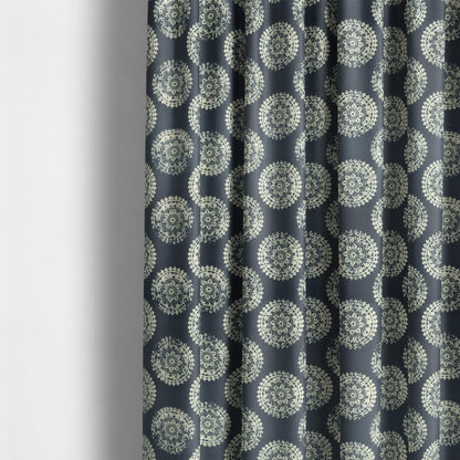 Freedom Printed Velvet Fabric Collection Round Ancient Pattern In Blue Colour Upholstery Fabric CTR-72 - Made To Measure Curtains