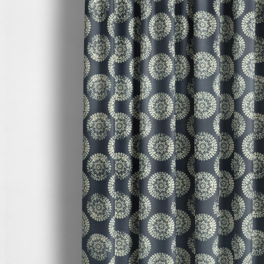 Freedom Printed Velvet Fabric Collection Round Ancient Pattern In Blue Colour Upholstery Fabric CTR-72 - Made To Measure Curtains