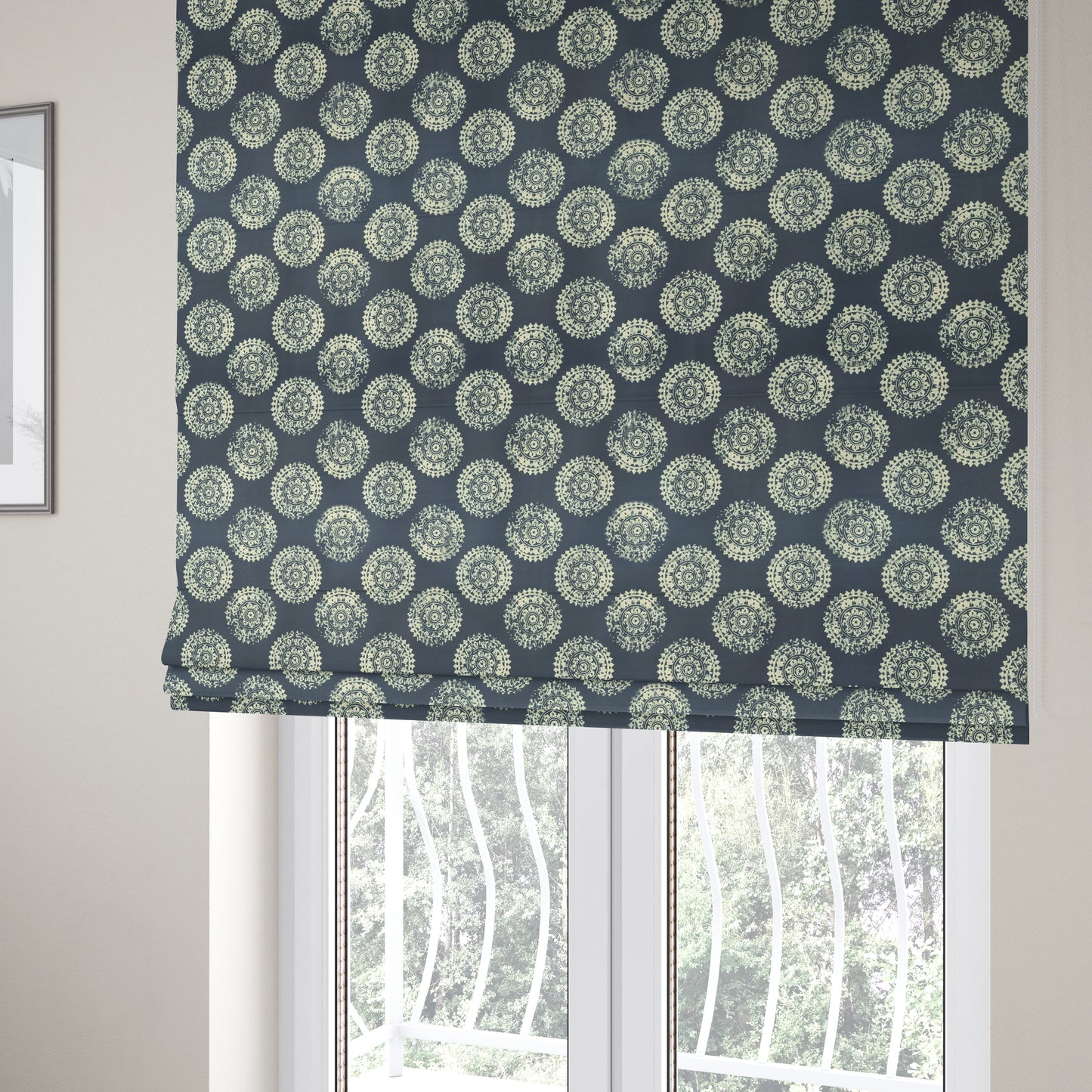 Freedom Printed Velvet Fabric Collection Round Ancient Pattern In Blue Colour Upholstery Fabric CTR-72 - Roman Blinds