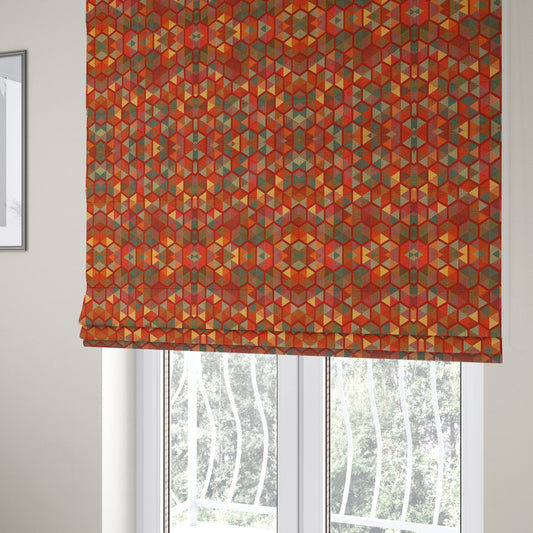 Arcadia Geometric Hexagon Pattern Red Multicolour Chenille Upholstery Fabric CTR-737 - Roman Blinds