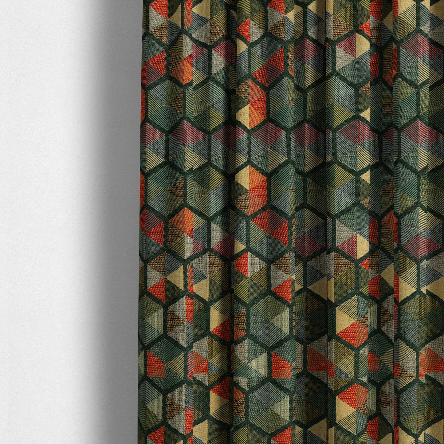 Arcadia Geometric Hexagon Pattern Green Multicolour Chenille Upholstery Fabric CTR-739 - Made To Measure Curtains