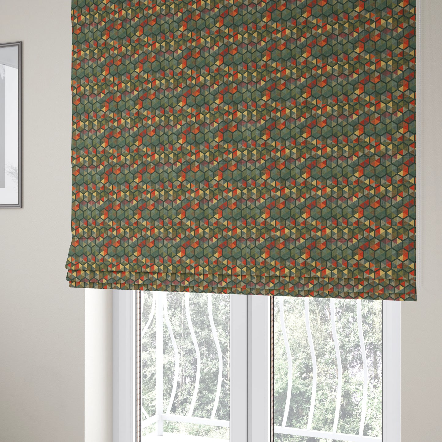 Arcadia Geometric Hexagon Pattern Green Multicolour Chenille Upholstery Fabric CTR-739 - Roman Blinds