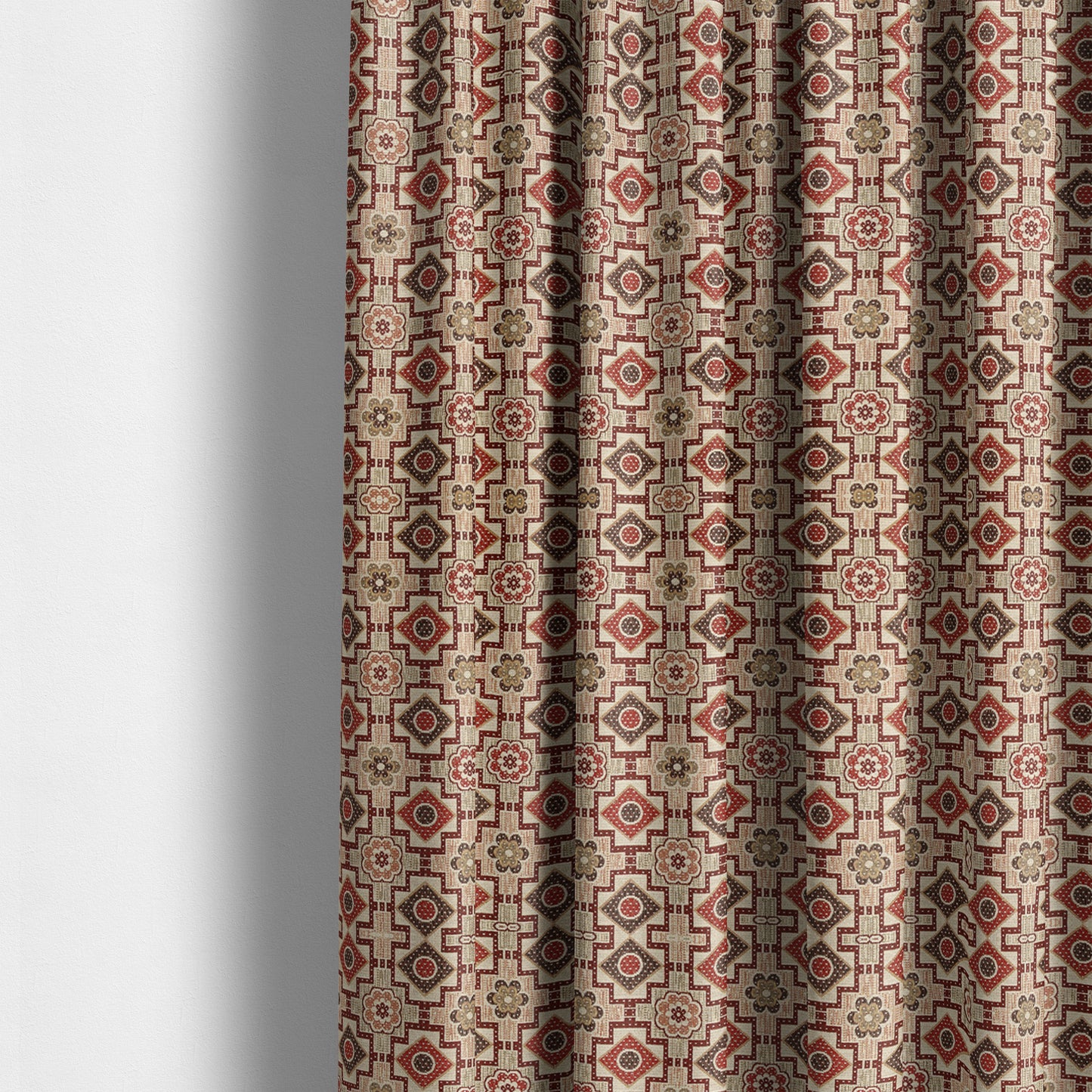 Acer Red Burgundy Colour Chenille Upholstery Fabric Geometric Floral Pattern CTR-743 - Made To Measure Curtains