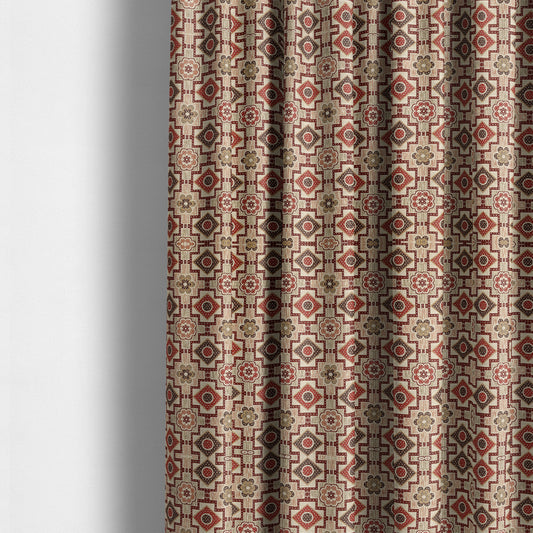 Acer Red Burgundy Colour Chenille Upholstery Fabric Geometric Floral Pattern CTR-743 - Made To Measure Curtains