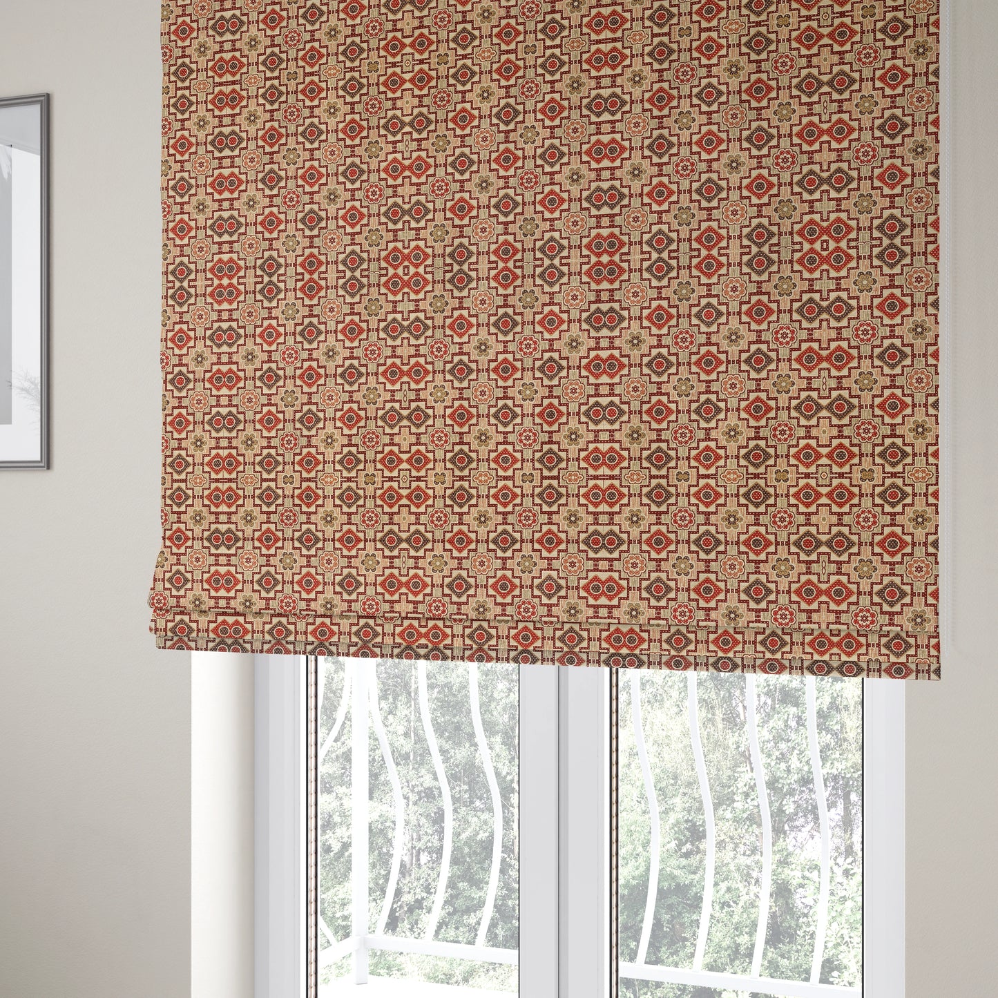 Acer Red Burgundy Colour Chenille Upholstery Fabric Geometric Floral Pattern CTR-743 - Roman Blinds