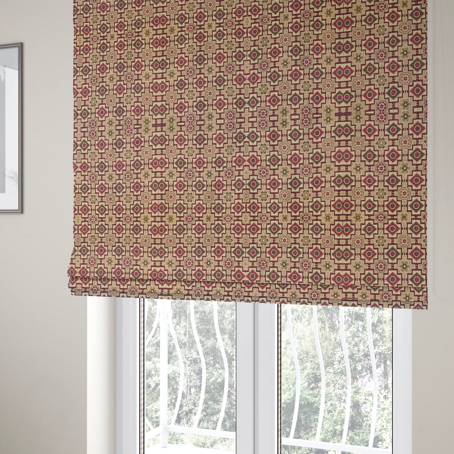 Acer Purple Green Colour Chenille Upholstery Fabric Geometric Floral Pattern CTR-744 - Roman Blinds