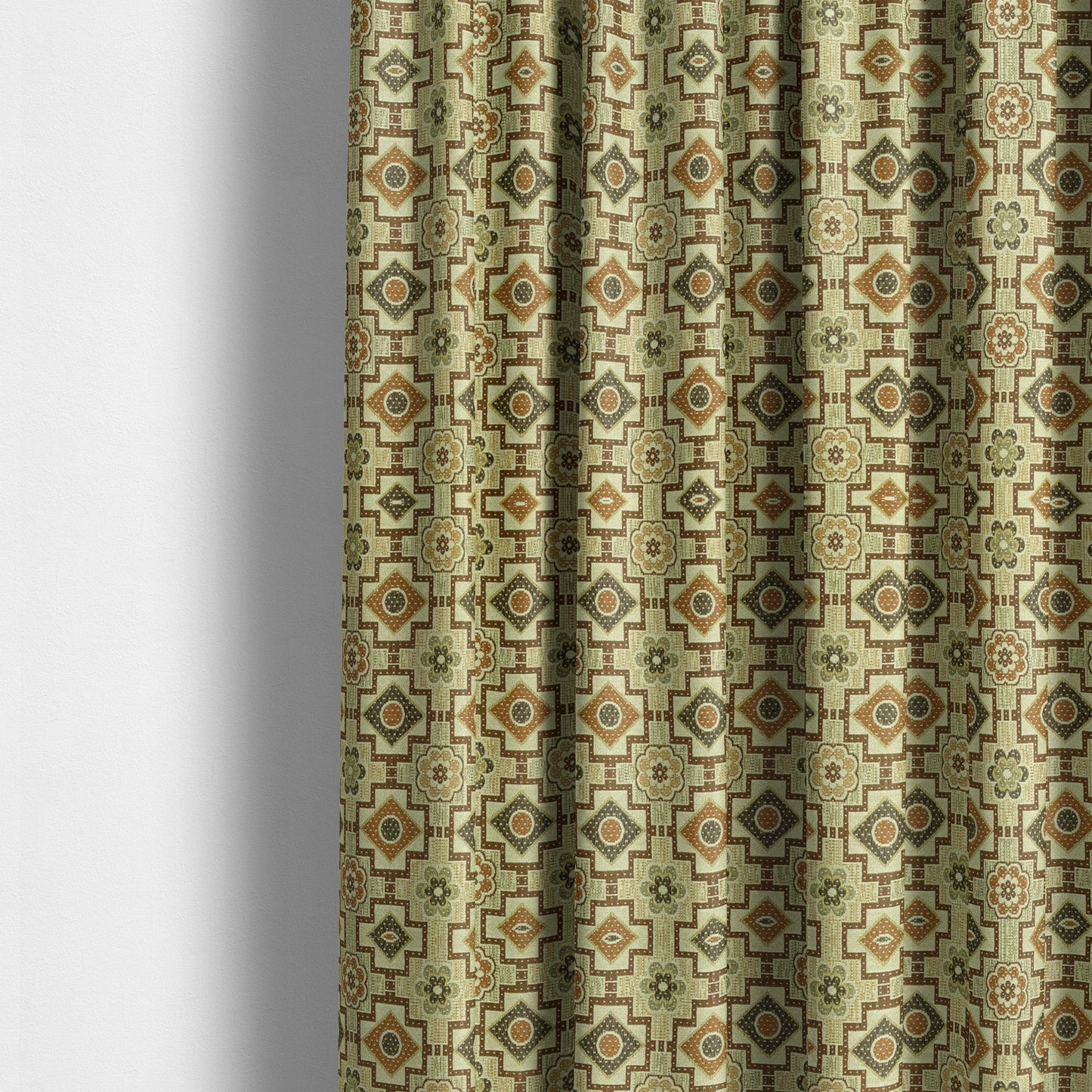 Acer Green Brown Colour Chenille Upholstery Fabric Geometric Floral Pattern CTR-745 - Made To Measure Curtains