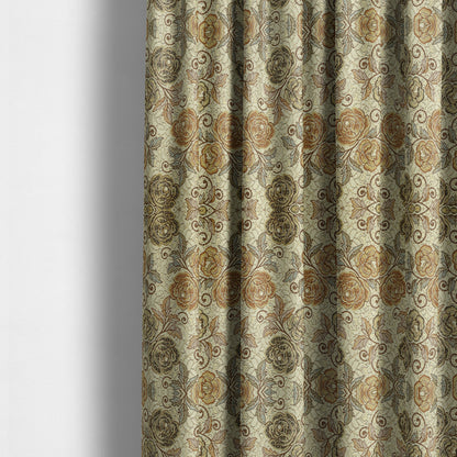 Acer Brown Green Colour Chenille Upholstery Fabric Rose Floral Pattern CTR-748 - Made To Measure Curtains