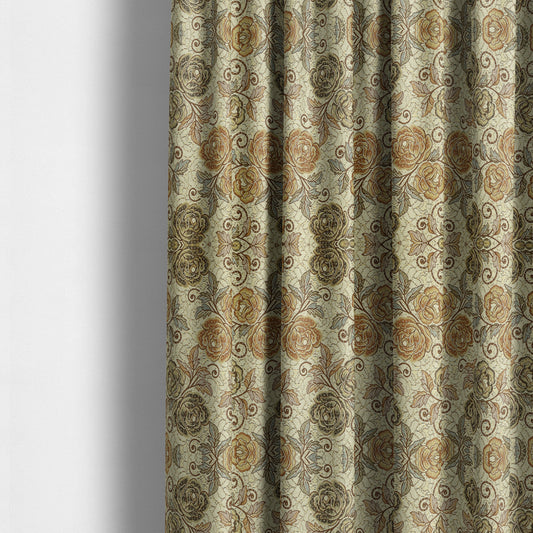 Acer Brown Green Colour Chenille Upholstery Fabric Rose Floral Pattern CTR-748 - Made To Measure Curtains