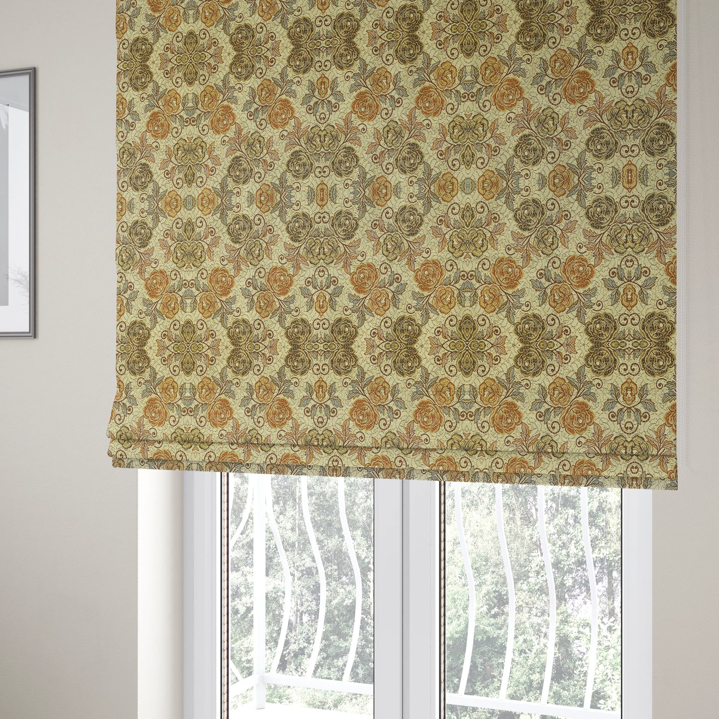 Acer Brown Green Colour Chenille Upholstery Fabric Rose Floral Pattern CTR-748 - Roman Blinds