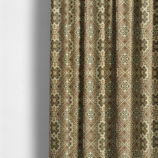 Acer Brown Colour Chenille Upholstery Fabric Geometric Traditional Tile Pattern CTR-754 - Made To Measure Curtains