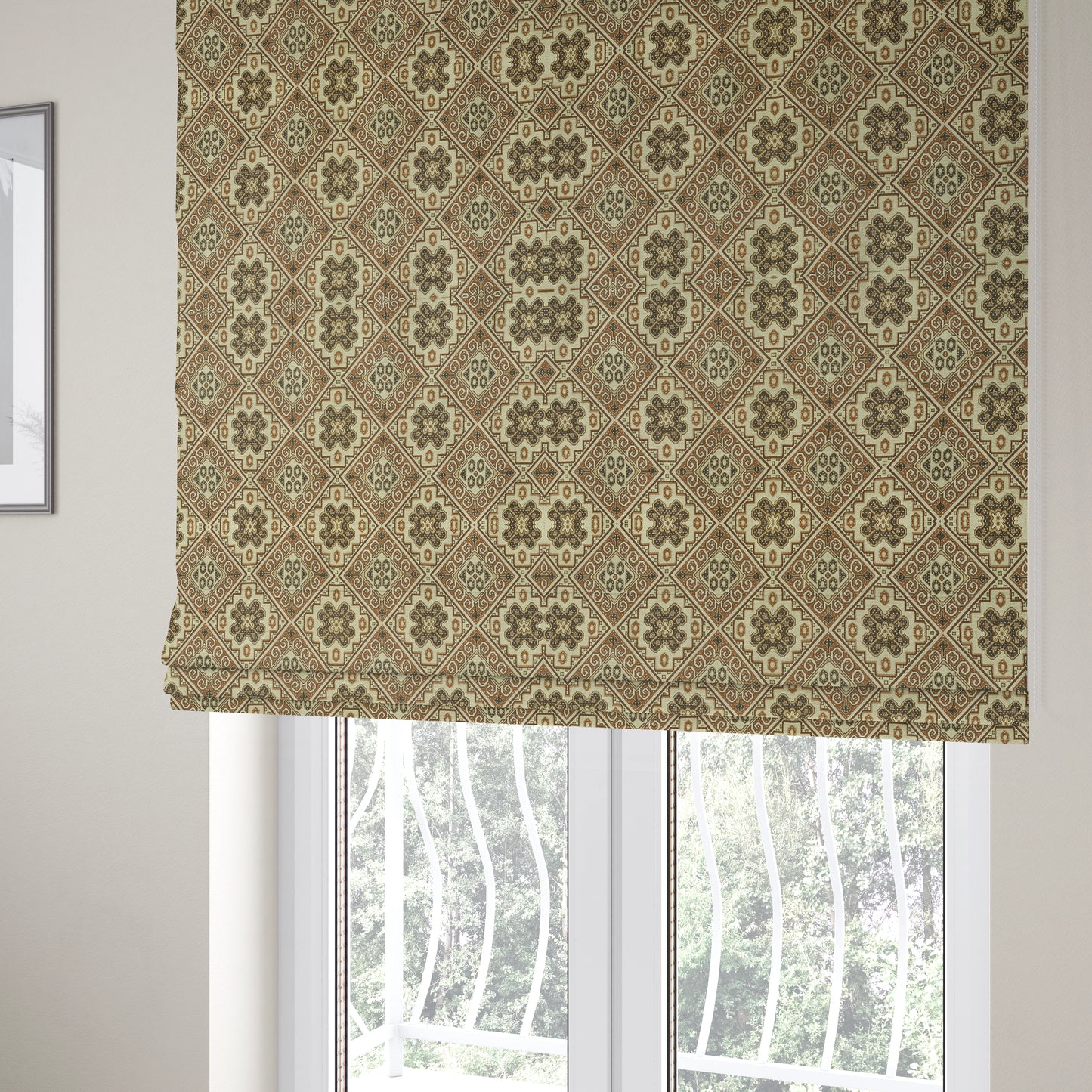 Acer Brown Colour Chenille Upholstery Fabric Geometric Traditional Tile Pattern CTR-754 - Roman Blinds