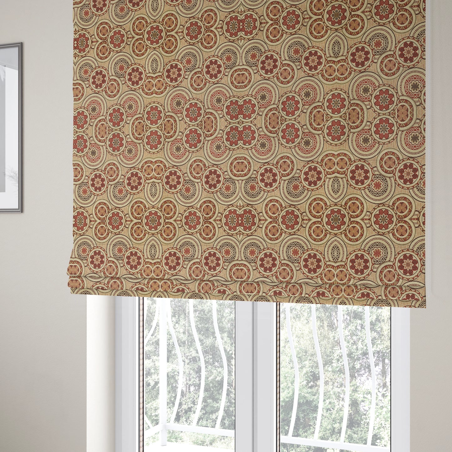 Acer Colourful Red Chenille Upholstery Fabric Circular Floral Modern Pattern CTR-760 - Roman Blinds