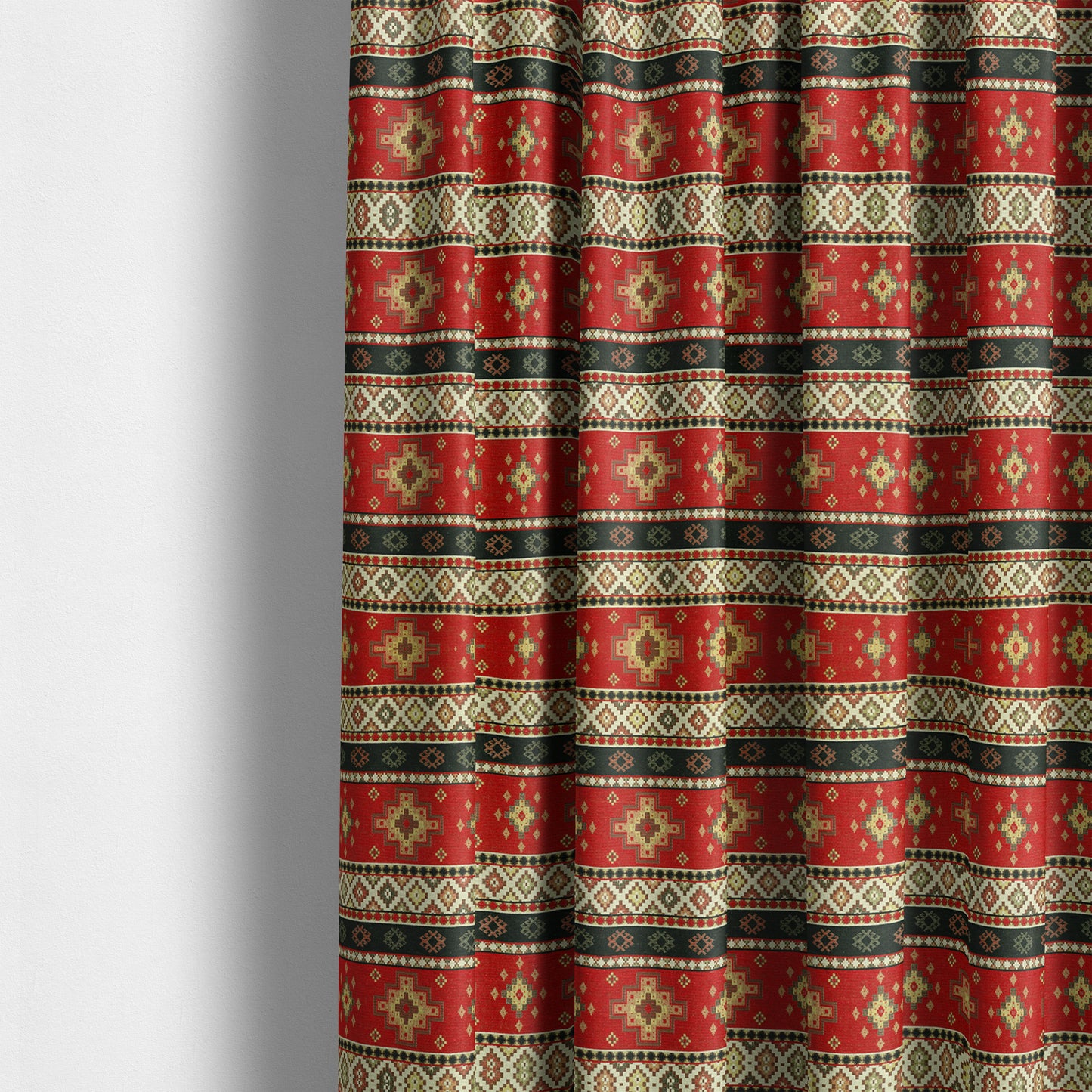 Persia Aztec Red Blue Chenille Upholstery Fabric Traditional Kilim Stripe Pattern CTR-761 - Made To Measure Curtains