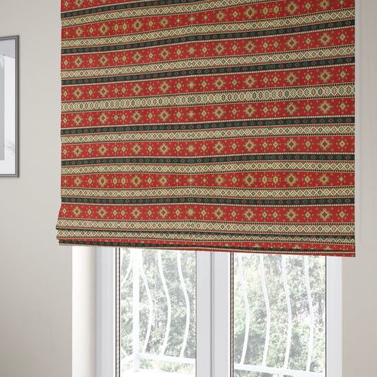 Persia Aztec Red Blue Chenille Upholstery Fabric Traditional Kilim Stripe Pattern CTR-761 - Roman Blinds