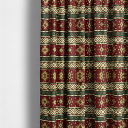 Persia Aztec Red Burgundy Green Chenille Upholstery Fabric Traditional Kilim Stripe Pattern CTR-762 - Made To Measure Curtains