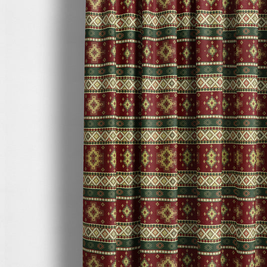 Persia Aztec Red Burgundy Green Chenille Upholstery Fabric Traditional Kilim Stripe Pattern CTR-762 - Made To Measure Curtains