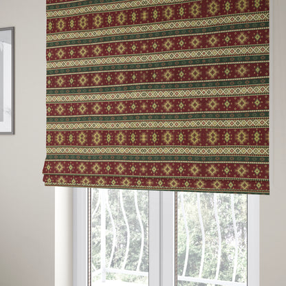 Persia Aztec Red Burgundy Green Chenille Upholstery Fabric Traditional Kilim Stripe Pattern CTR-762 - Roman Blinds