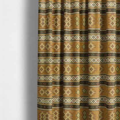 Persia Aztec Yellow Brown Chenille Upholstery Fabric Traditional Kilim Stripe Pattern CTR-763 - Made To Measure Curtains