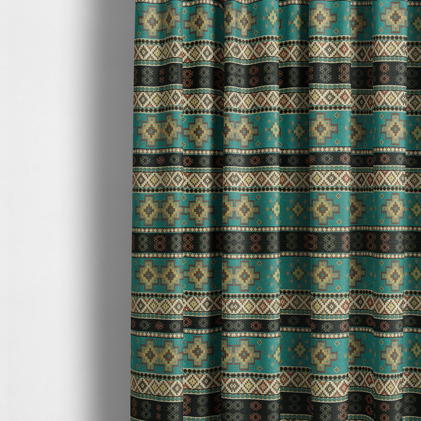 Persia Aztec Teal Blue Chenille Upholstery Fabric Traditional Kilim Stripe Pattern CTR-764 - Made To Measure Curtains