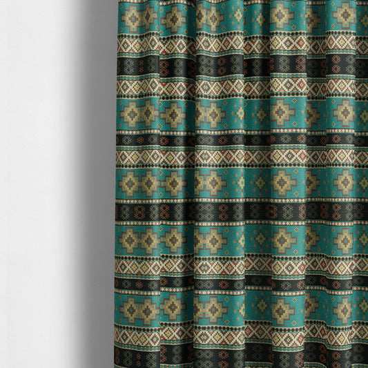 Persia Aztec Teal Blue Chenille Upholstery Fabric Traditional Kilim Stripe Pattern CTR-764 - Made To Measure Curtains