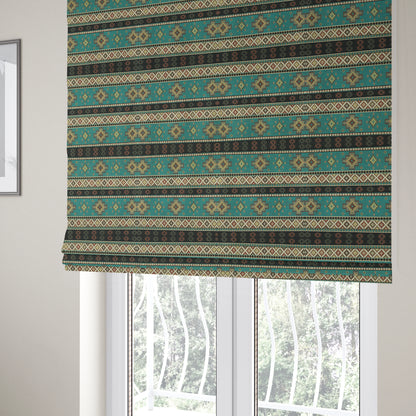 Persia Aztec Teal Blue Chenille Upholstery Fabric Traditional Kilim Stripe Pattern CTR-764 - Roman Blinds