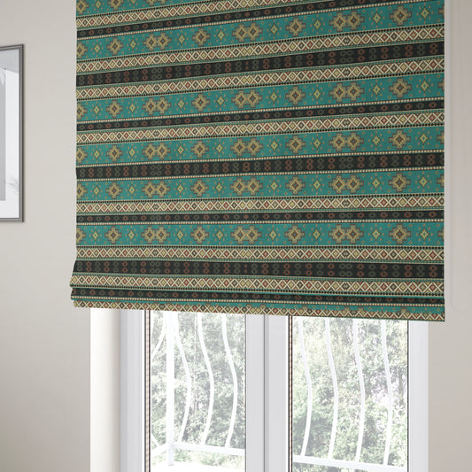 Persia Aztec Teal Blue Chenille Upholstery Fabric Traditional Kilim Stripe Pattern CTR-764 - Roman Blinds