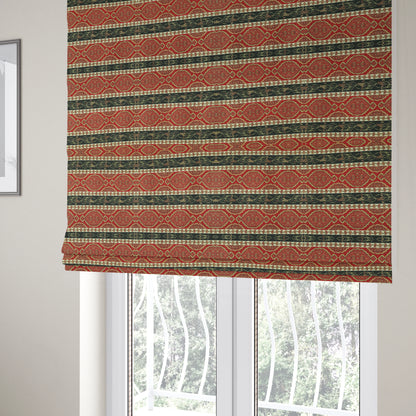 Persia Aztec Red Blue Chenille Upholstery Fabric Traditional Floral Stripe Pattern CTR-765 - Roman Blinds