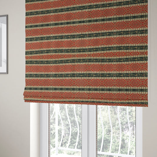 Persia Aztec Red Blue Chenille Upholstery Fabric Traditional Floral Stripe Pattern CTR-765 - Roman Blinds