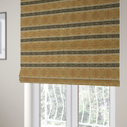 Persia Aztec Yellow Colour Chenille Upholstery Fabric Floral Stripe Pattern CTR-767 - Roman Blinds