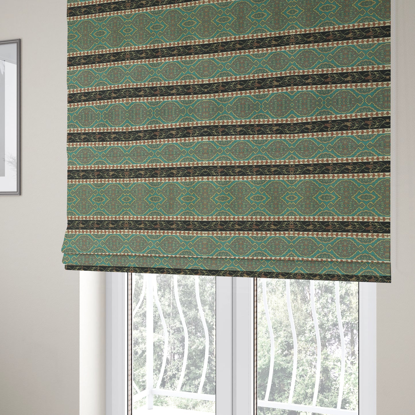 Persia Aztec Teal Blue Colour Chenille Upholstery Fabric Floral Stripe Pattern CTR-768 - Roman Blinds