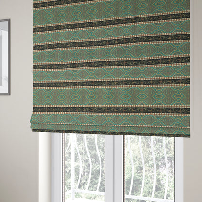 Persia Aztec Teal Blue Colour Chenille Upholstery Fabric Floral Stripe Pattern CTR-768 - Roman Blinds