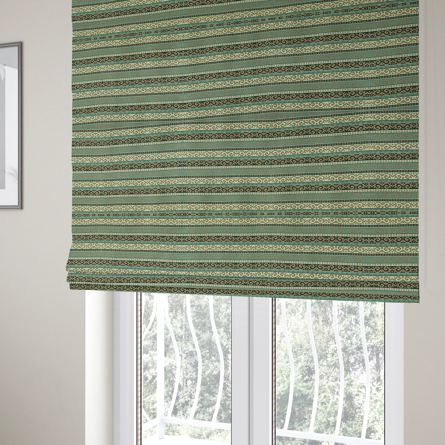 Persia Aztec Teal Blue White Chenille Upholstery Fabrics Greek Tradition Stripe CTR-771 - Roman Blinds